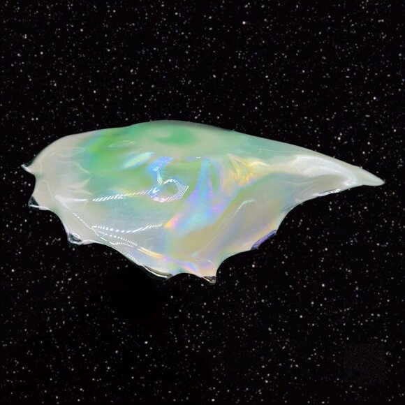 Polish Art Glass Folded Bowl Dish Glass Green Iridescent Poland Vintage 10”W 2”T - Picture 15 of 16